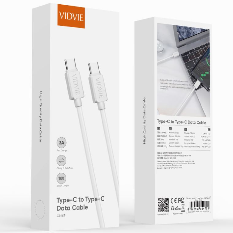 VIDVIE CB461 - Type C to Type C Data Cable - Super Fast Charging Cable - 3A Max - 100CM
